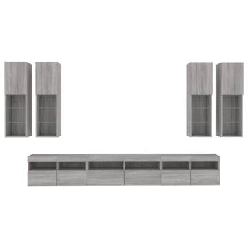 7 Piece TV Wall Cabinet Set with LED Lights - Grey Sonoma