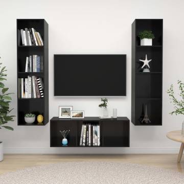 3 Piece High Gloss Black TV Cabinet Set - Stylish Storage Solution