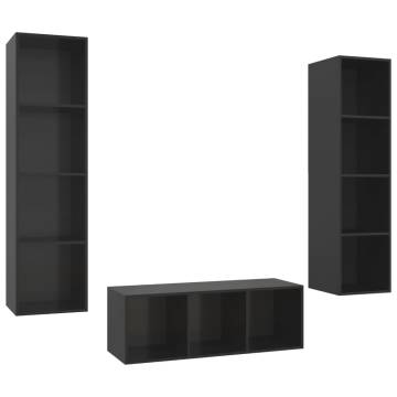 3 Piece High Gloss Black TV Cabinet Set - Stylish Storage Solution