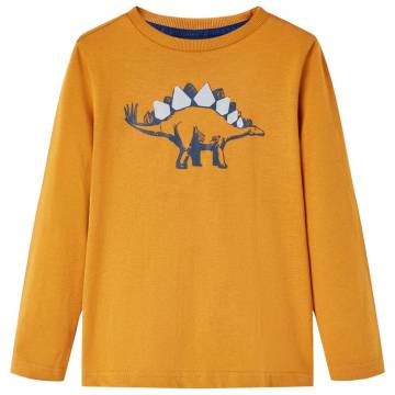 Kids' Long Sleeve T-Shirt - Dark Ochre with Dinosaur Print