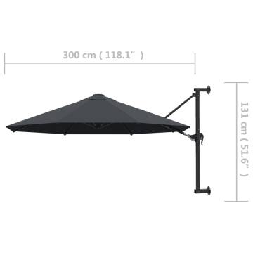 Wall-Mounted Parasol with Metal Pole - 300 cm Anthracite | Hipomarket