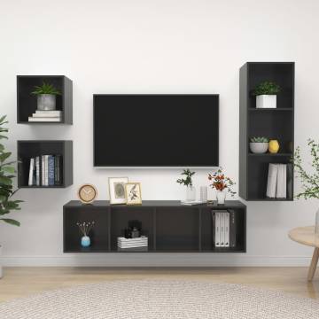 4 Piece High Gloss Grey TV Cabinet Set - Stylish Storage Solution