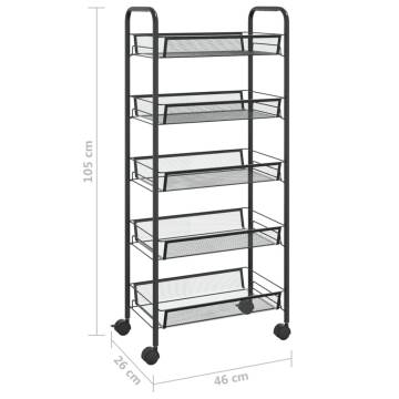 5-Tier Black Kitchen Trolley - Durable Iron Storage Cart