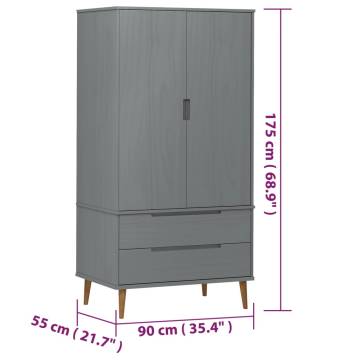 Wardrobe MOLDE Grey 90x55x175 cm - Solid Pine Wood Storage