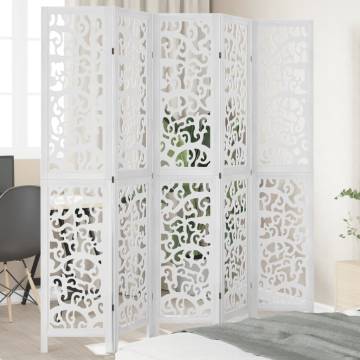 Elegant Room Divider - 5 Panels White Solid Wood Paulownia