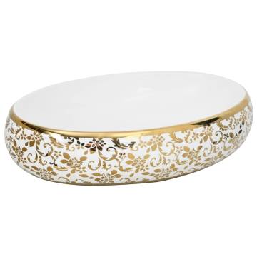 Countertop Basin White and Gold Oval Ceramic - Chic Design