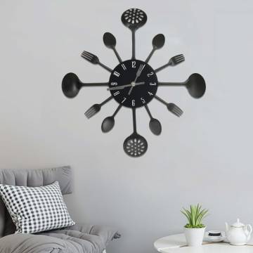 Stylish Fork & Spoon Wall Clock - 40 cm Black Aluminium