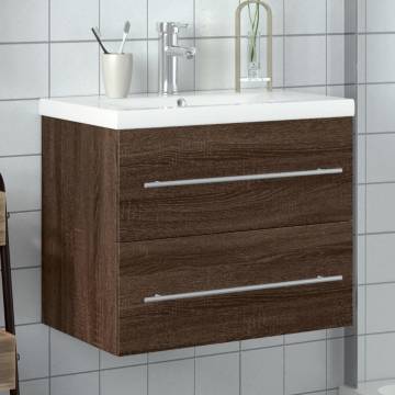 Stylish Bathroom Sink Cabinet with Built-in Basin - Brown Oak