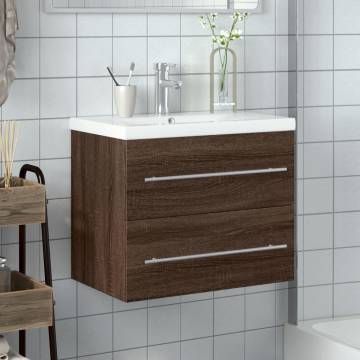 Stylish Bathroom Sink Cabinet with Built-in Basin - Brown Oak