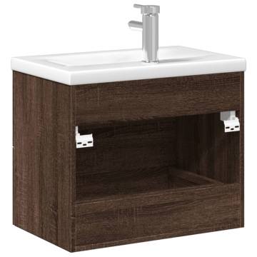 Stylish Bathroom Sink Cabinet with Built-in Basin - Brown Oak