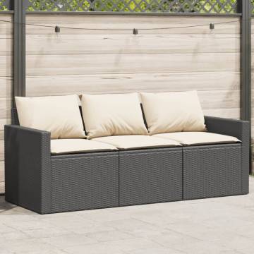 Garden Sofa with Cushions - 3-Seater Black Poly Rattan