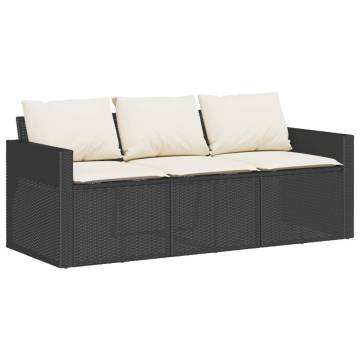 Garden Sofa with Cushions - 3-Seater Black Poly Rattan