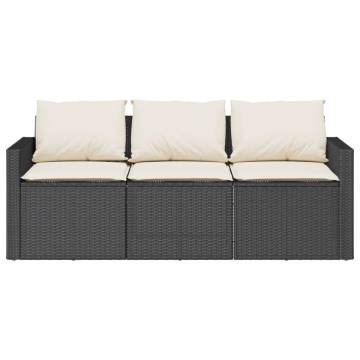 Garden Sofa with Cushions - 3-Seater Black Poly Rattan