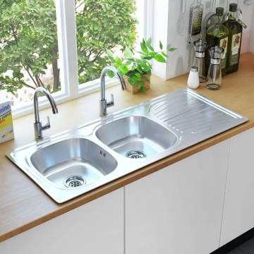 Double Basin Kitchen Sink with Strainer & Trap - Stainless Steel