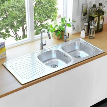 Double Basin Kitchen Sink with Strainer & Trap - Stainless Steel