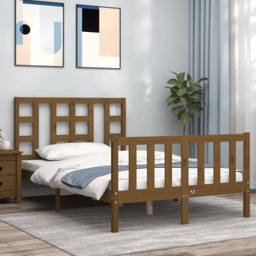 Honey Brown Small Double Bed Frame with Headboard - Solid Wood