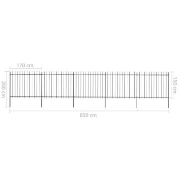 Elegant Black Steel Garden Fence with Spear Top - 8.5x1.5m