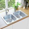 Kitchen Sink Double Basin with Strainer & Trap Stainless Steel Size 84 x 48 x 22 cm 