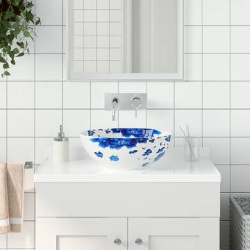 Stylish White & Blue Round Ceramic Countertop Basin - 41cm