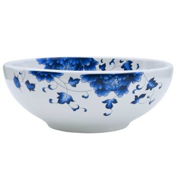 Stylish White & Blue Round Ceramic Countertop Basin - 41cm