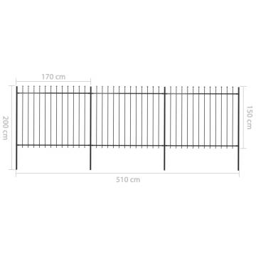 Garden Fence with Spear Top Steel 5.1x1.5 m Black | Hipo Market