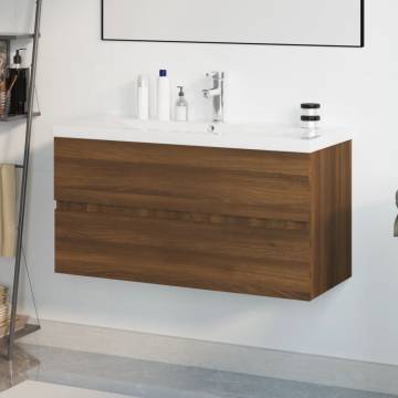 Stylish Sink Cabinet with Built-in Basin - Brown Oak Finish