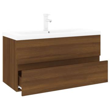 Stylish Sink Cabinet with Built-in Basin - Brown Oak Finish