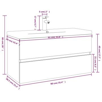 Stylish Sink Cabinet with Built-in Basin - Brown Oak Finish