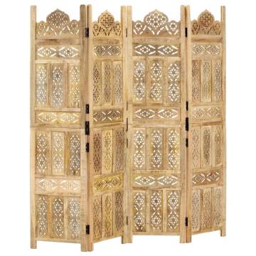 Hand Carved 4-Panel Room Divider - Solid Mango Wood 160x165 cm