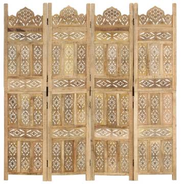 Hand Carved 4-Panel Room Divider - Solid Mango Wood 160x165 cm