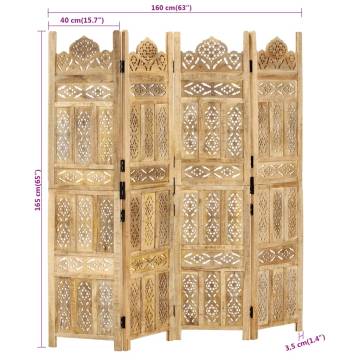 Hand Carved 4-Panel Room Divider - Solid Mango Wood 160x165 cm