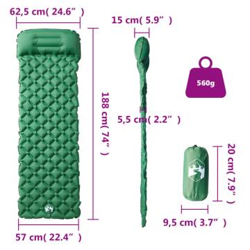 Inflating Camping Mattress with Pillow - 1-Person Green