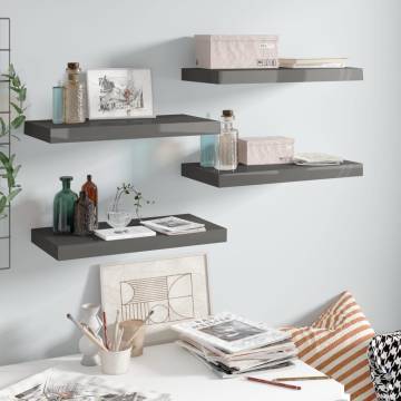 Stylish Floating Wall Shelves - Set of 4 in High Gloss Grey