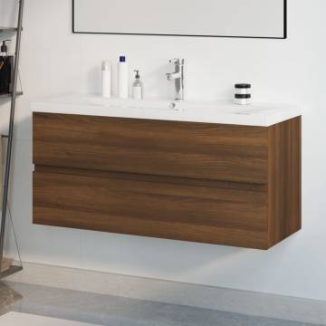 Stylish Sink Cabinet with Built-in Basin - Brown Oak Finish