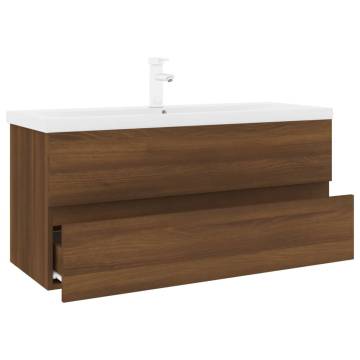 Stylish Sink Cabinet with Built-in Basin - Brown Oak Finish