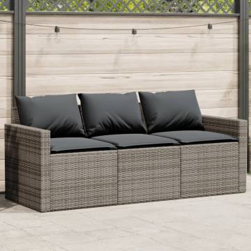 Garden Sofa with Cushions - 3-Seater Grey Poly Rattan