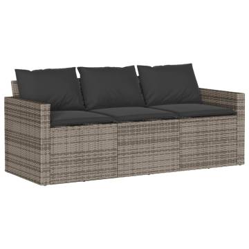 Garden Sofa with Cushions - 3-Seater Grey Poly Rattan