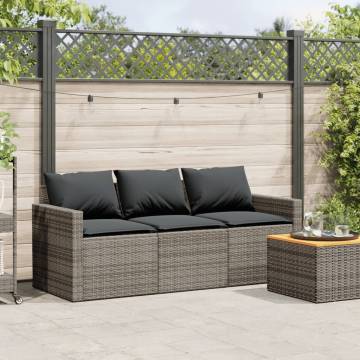 Garden Sofa with Cushions - 3-Seater Grey Poly Rattan