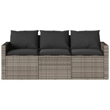 Garden Sofa with Cushions - 3-Seater Grey Poly Rattan