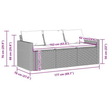 Garden Sofa with Cushions - 3-Seater Grey Poly Rattan