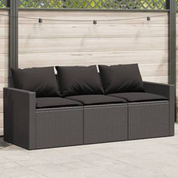 3-Seater Garden Sofa with Cushions - Black Poly Rattan