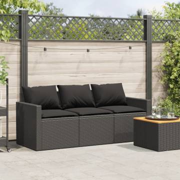 3-Seater Garden Sofa with Cushions - Black Poly Rattan