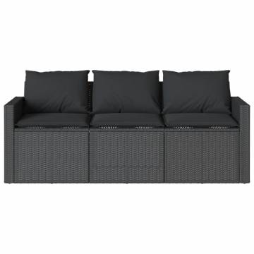 3-Seater Garden Sofa with Cushions - Black Poly Rattan