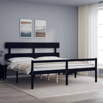 Black Bed Frame with Headboard | Solid Wood 200x200 cm