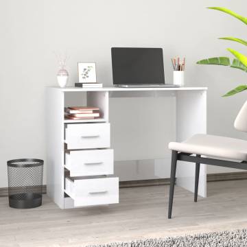 High Gloss White Desk with Drawers - 102x50x76 cm