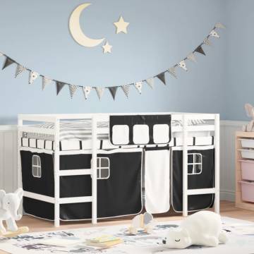 Kids' Loft Bed with Curtains - White & Black, Solid Pine 80x200cm