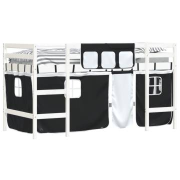 Kids' Loft Bed with Curtains - White & Black, Solid Pine 80x200cm