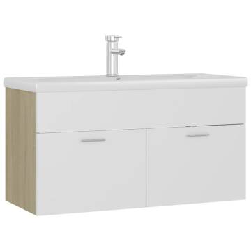 Stylish Sink Cabinet with Built-in Basin - White & Oak