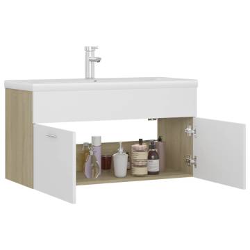 Stylish Sink Cabinet with Built-in Basin - White & Oak