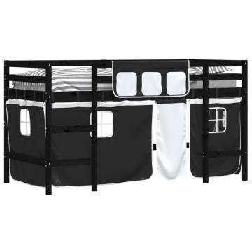 Kids' Loft Bed with Curtains - White & Black, Solid Pine 90x200cm